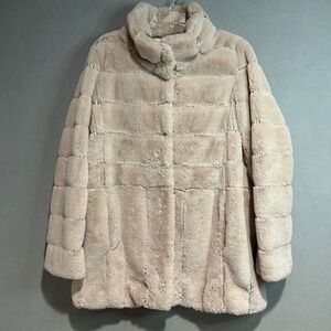 Kristen Blake Faux Fur Coat Women Large Beige Quilted Plush Jacket Snap Front